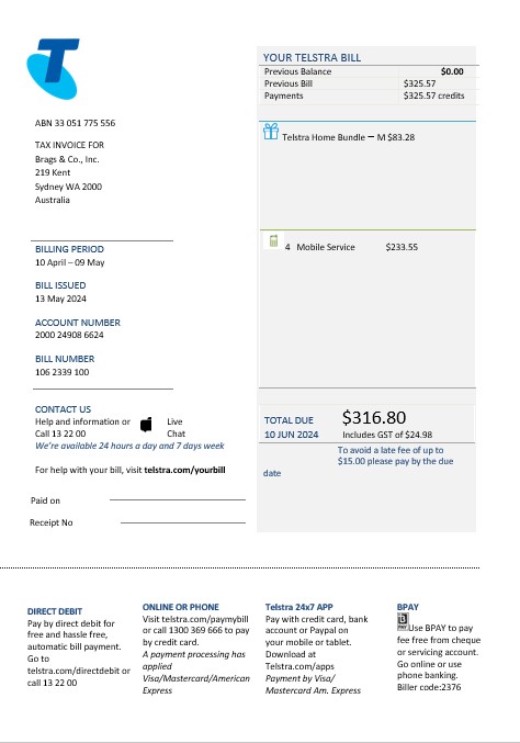 Australia Telstra telecommunications business utility bill template in Word and PDF format